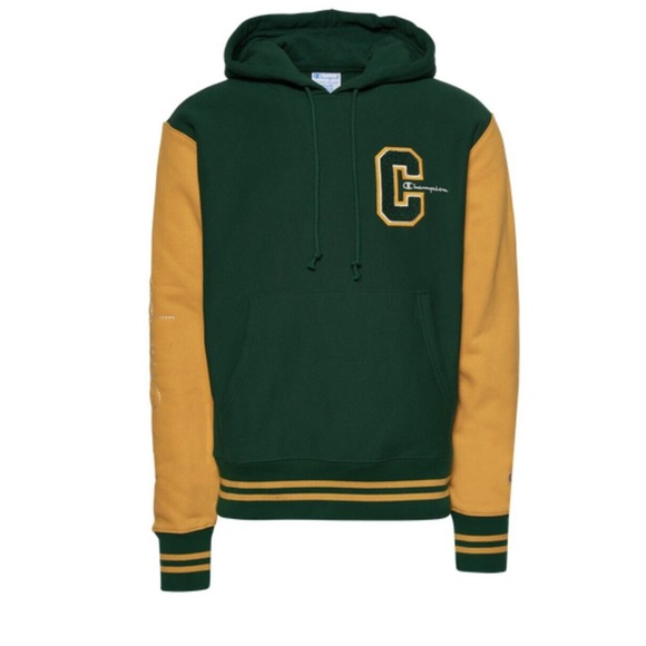 Champion Varsity Hoodie Men’s Size Small Green & Yellow Embroidered Sweatshirt - Picture 1 of 3